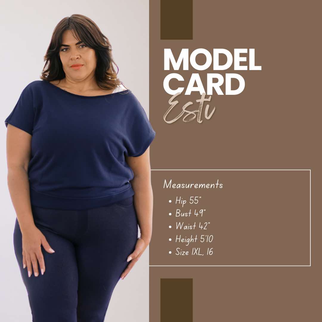 Model Estu stats - wears 1XL
