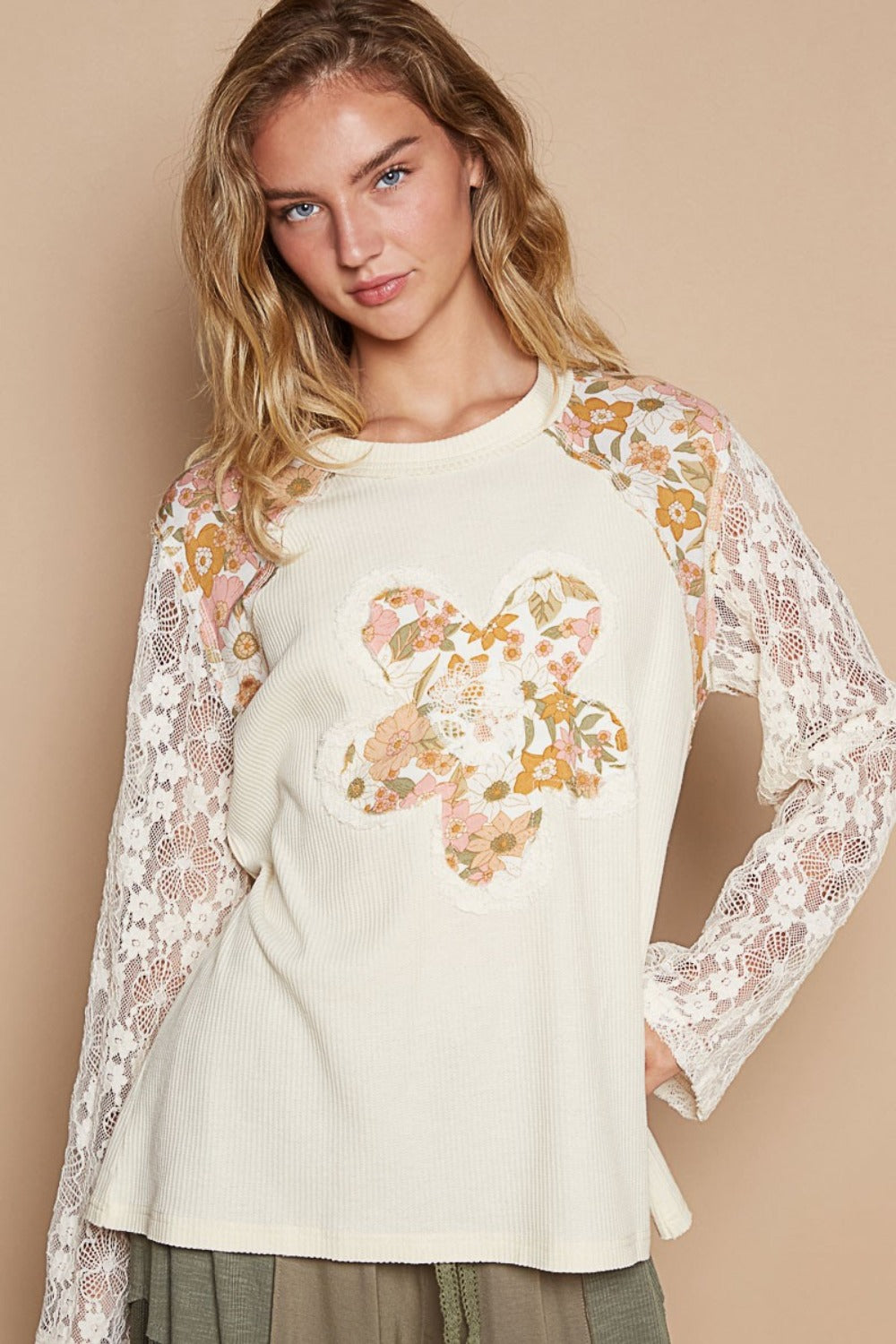 POL Flower Patch Lace Sleeve Knit Top in Cream – Weekend Vibes Apparel