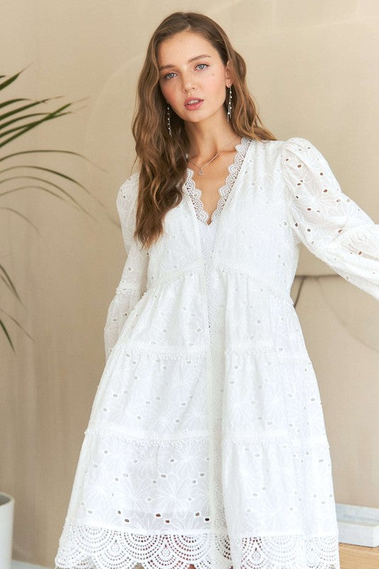 Adora Lace Detail Tiered Eyelet V-Neck Babydoll Dress in White  Weekend  Vibes Apparel