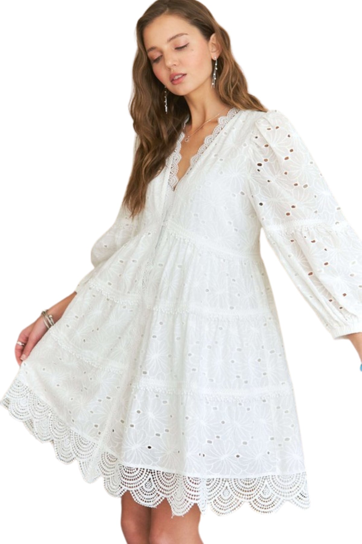Adora Lace Detail Tiered Eyelet V-Neck Babydoll Dress in White