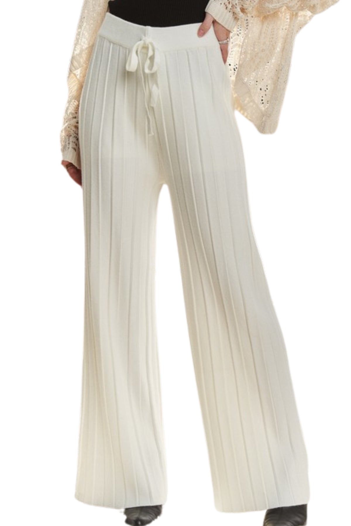 Adora Tied Wide Leg Knit Pants in Off White