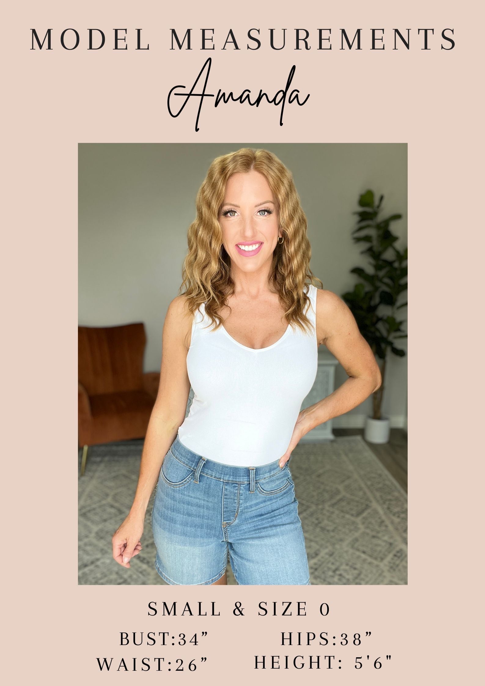 Amanda wearing a white tank top and blue jeans with model measurements displayed.