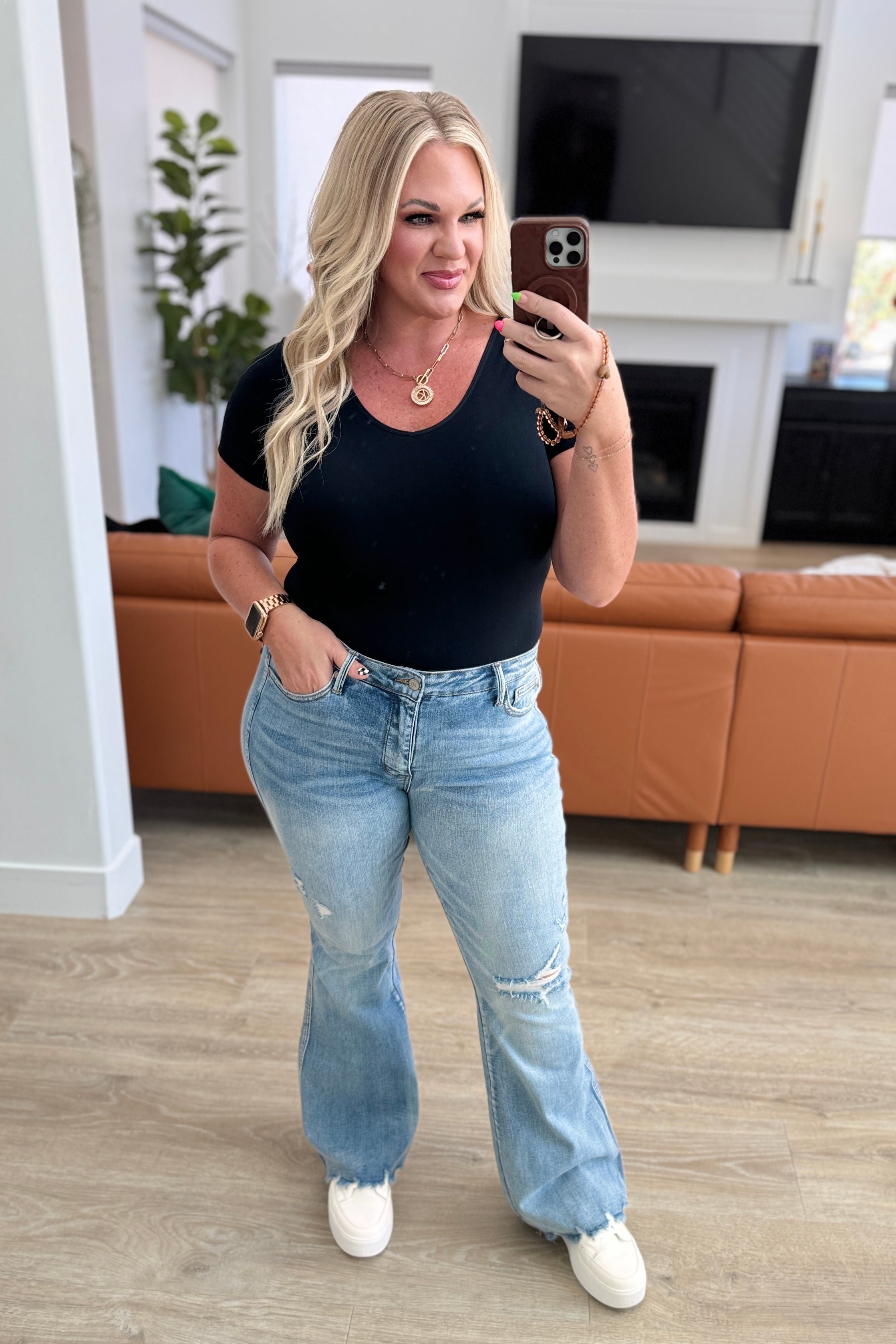 Caroline Mid Rise Control Top Distressed Flare Jeans on Kira