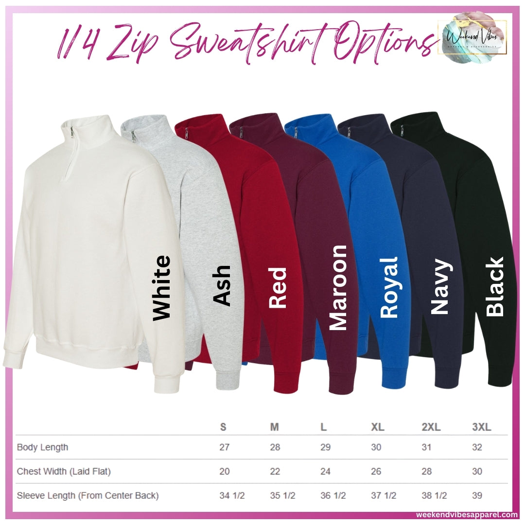 Row of 1/4 zip sweatshirts in various colors with size chart below.