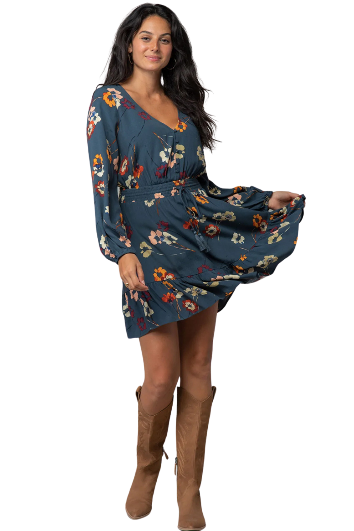 Lovestitch Sunday Brunch Floral Dress with Long Sleeves Gray/Multi / Small Lovestitch Sunday Brunch Floral Dress with Long Sleeves Gray/Multi / Small
