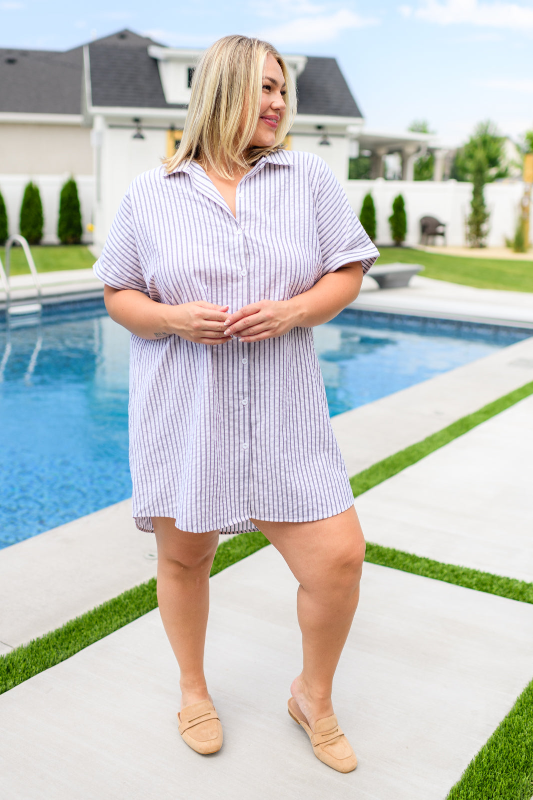 Blue and White Cornelia Striped Shirt Dress
