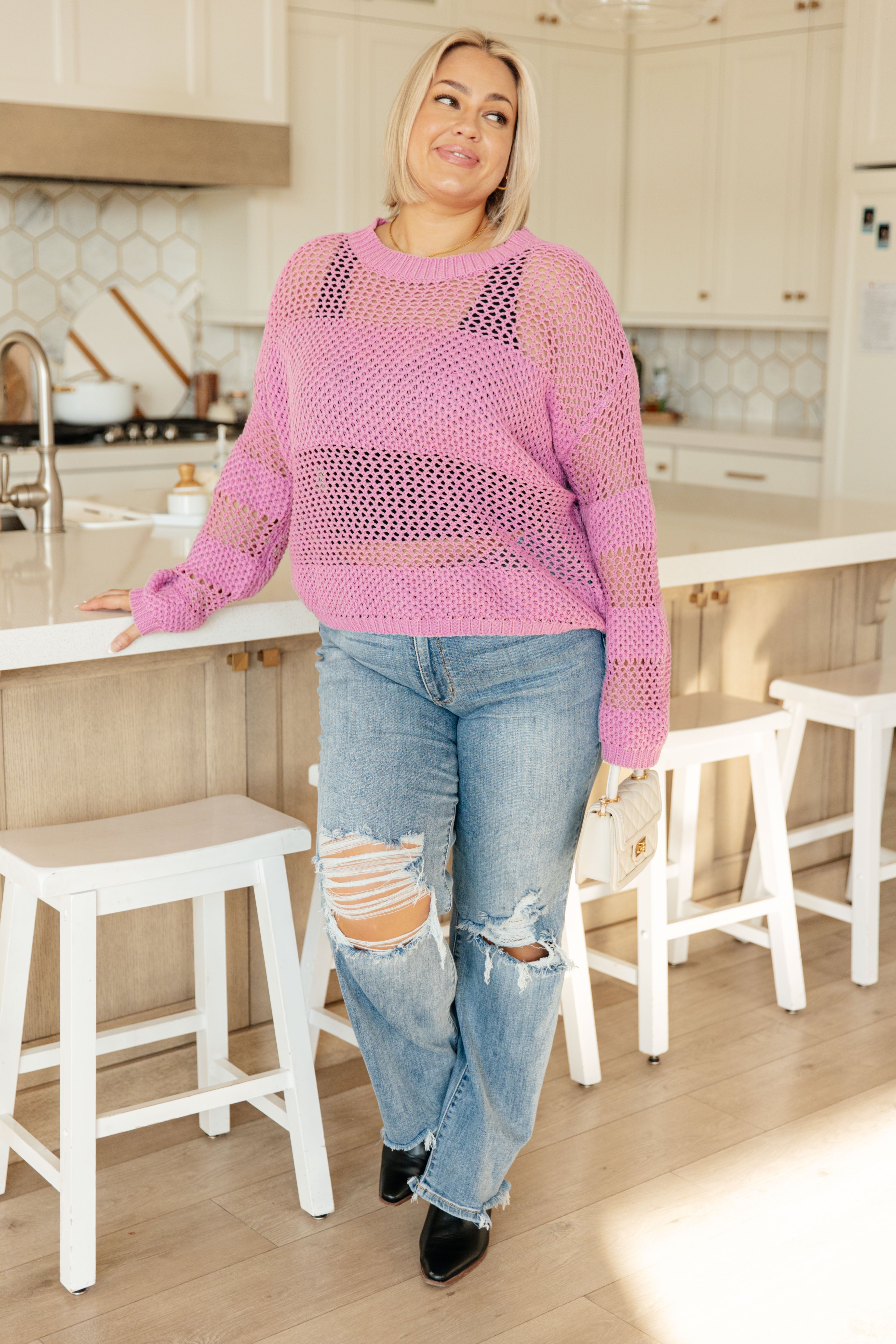 My Latest Love Loose Knit Sweater paired with Judy Blue Medium wash jeans