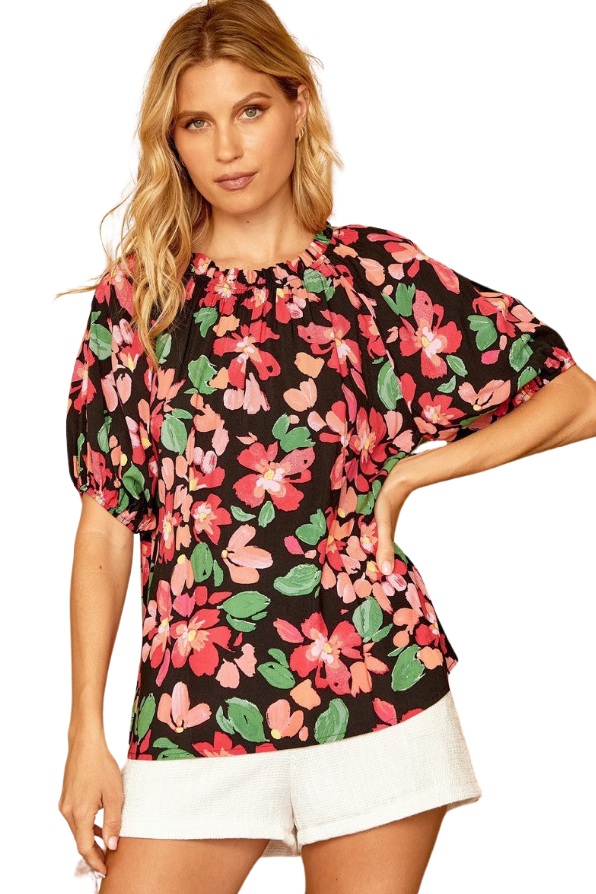 Emily Wonder black background top with pink, coral, and orange florals with green leaves