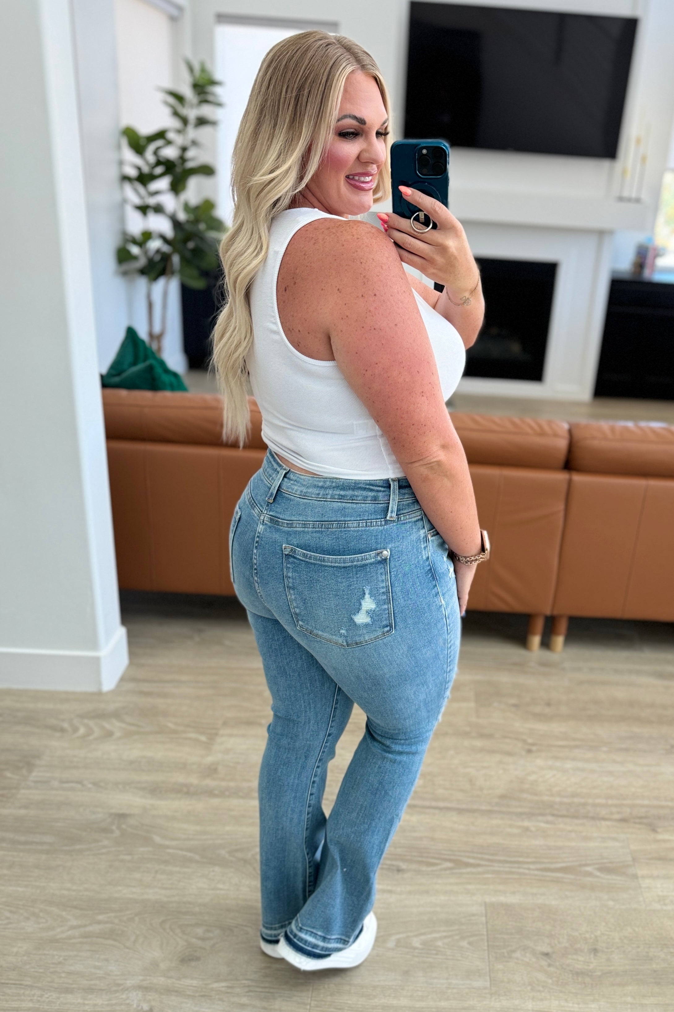 Judy Blue Mid Rise Distressed Released Hem Bootcut Jeans - Isla