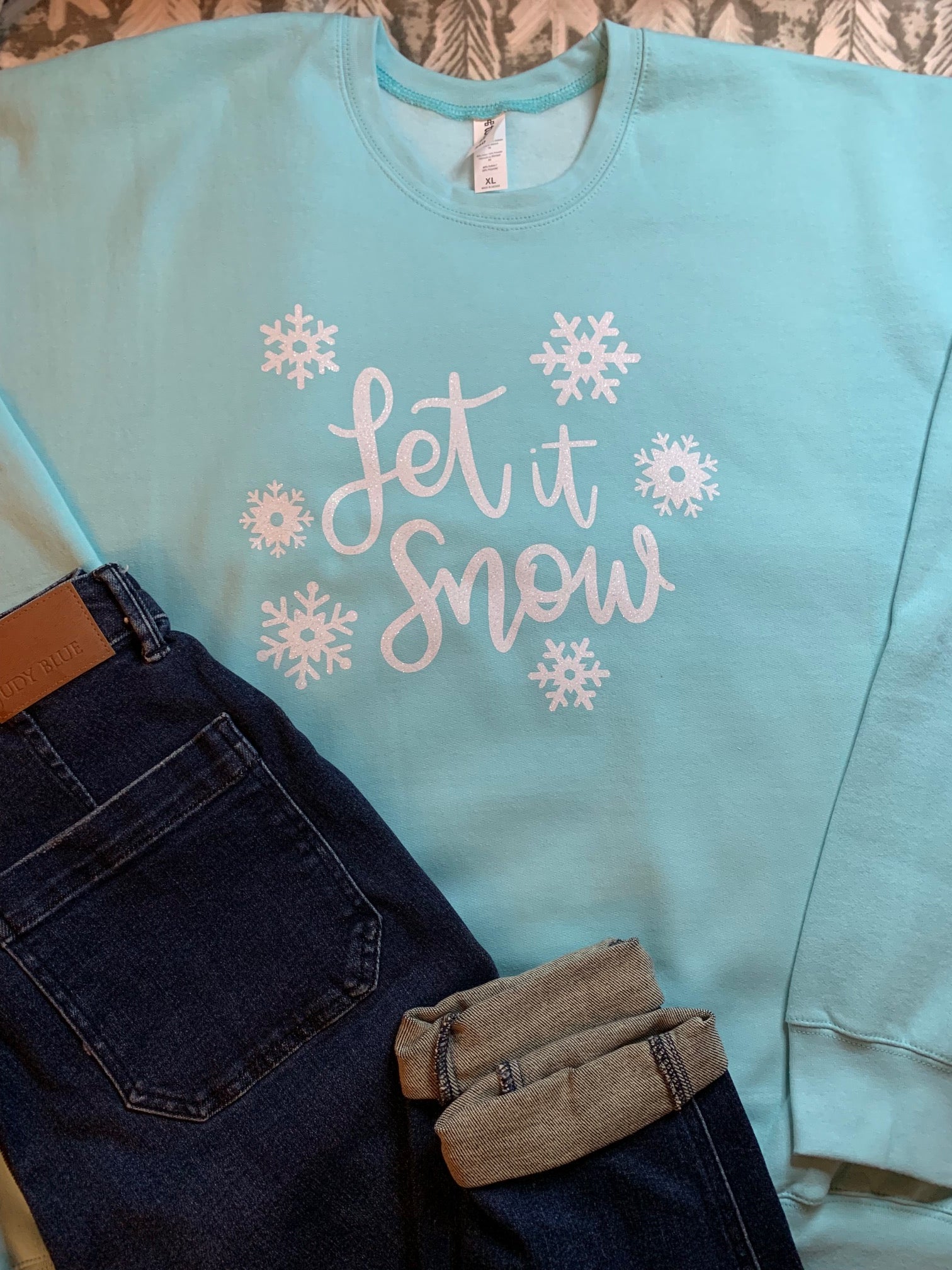 Let it Snow in Glitter Heat Transfer Vinyl on turquoise Tultex pullover crewneck sweatshirt