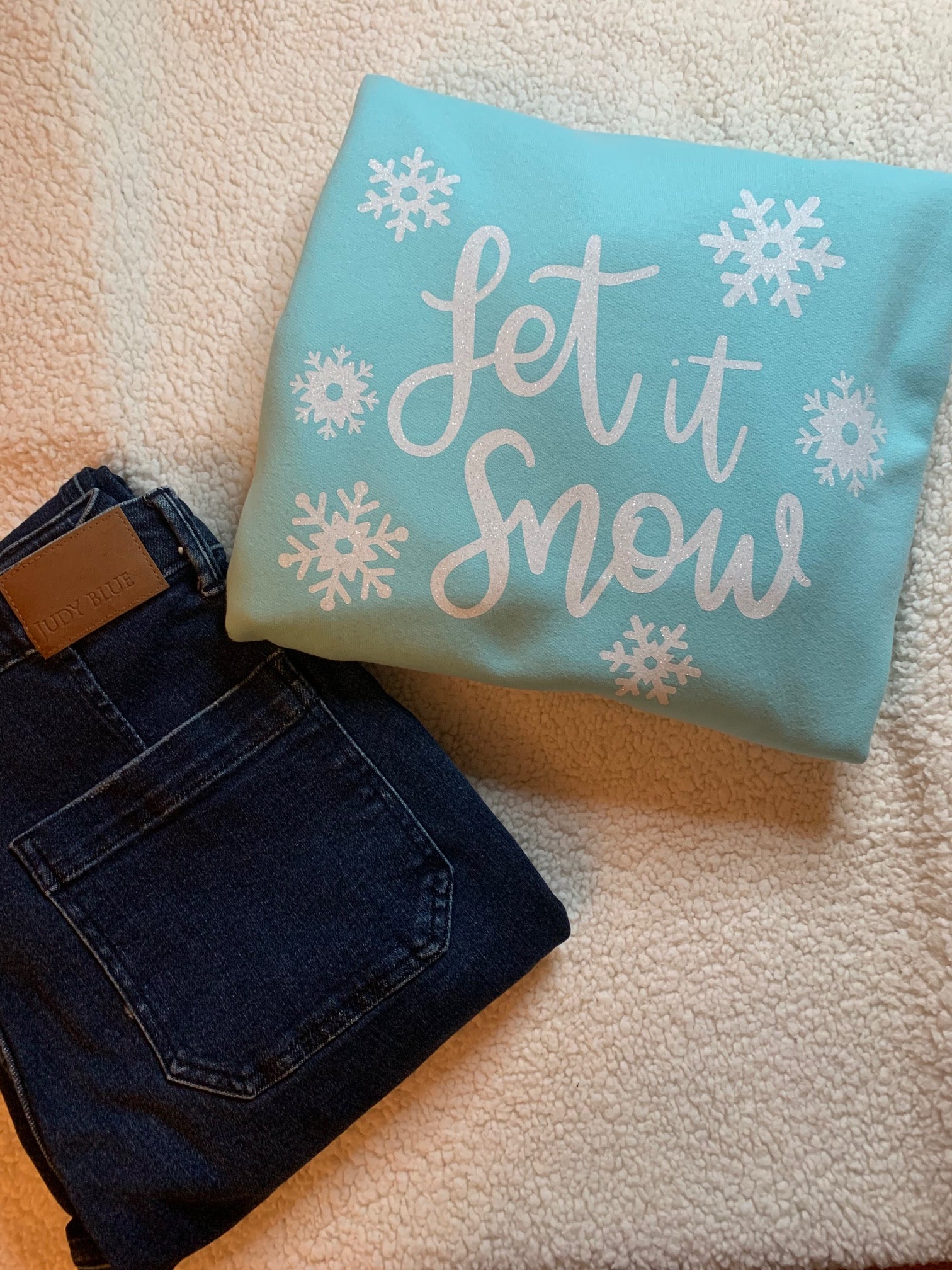 Let it Snow glitter font on turquoise Tultex pullover crewneck sweatshirt