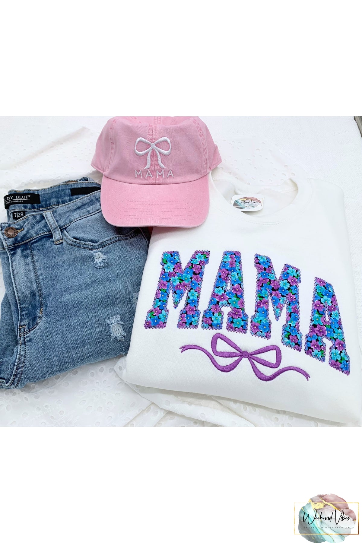 MAMA Sweatshirt with purple, blue & turquoise Appliqued Floral fabric and satin embroidered bow
