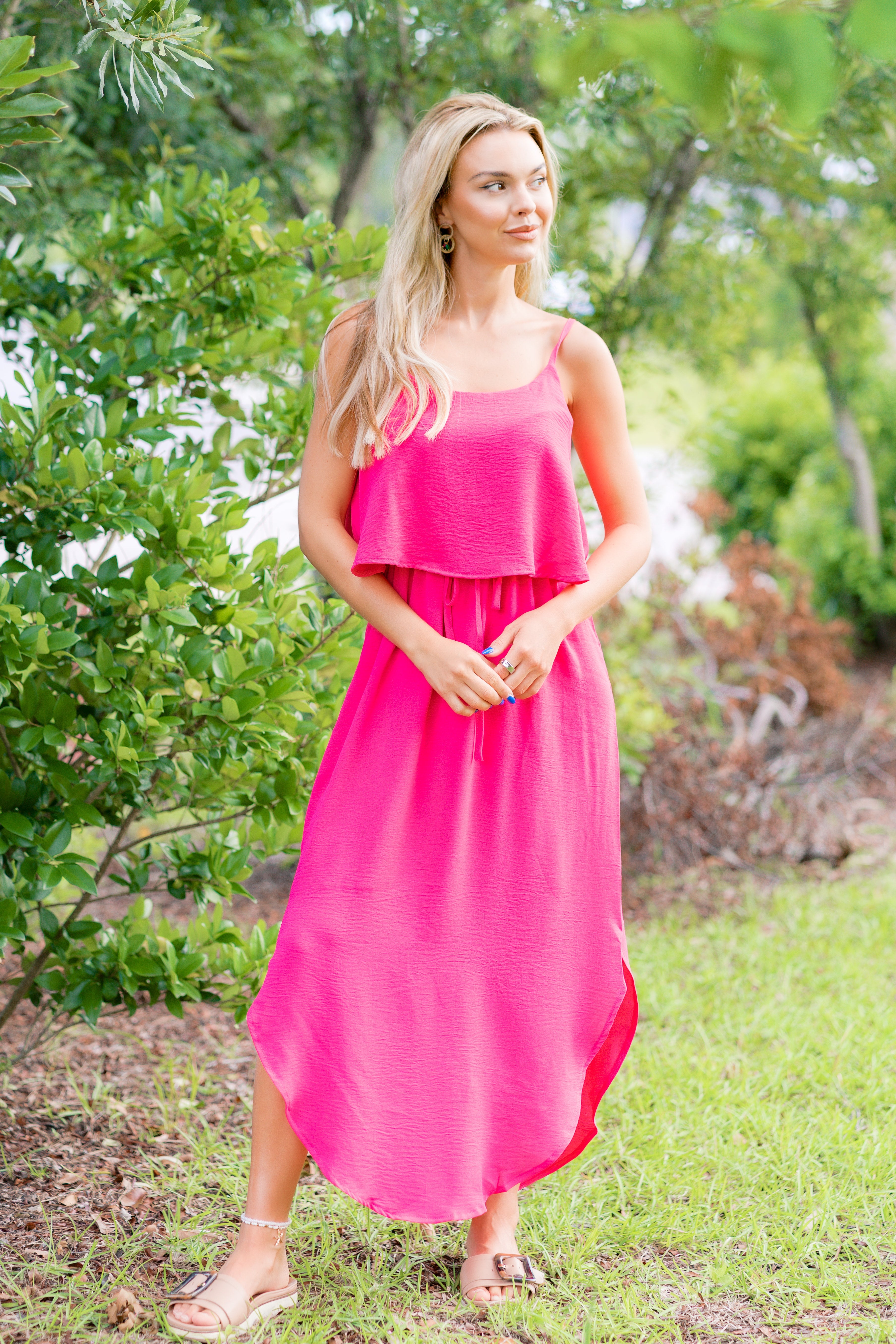 bohemian pink midi dress Pink Boho Square Neck Sleeveless Midi Dress