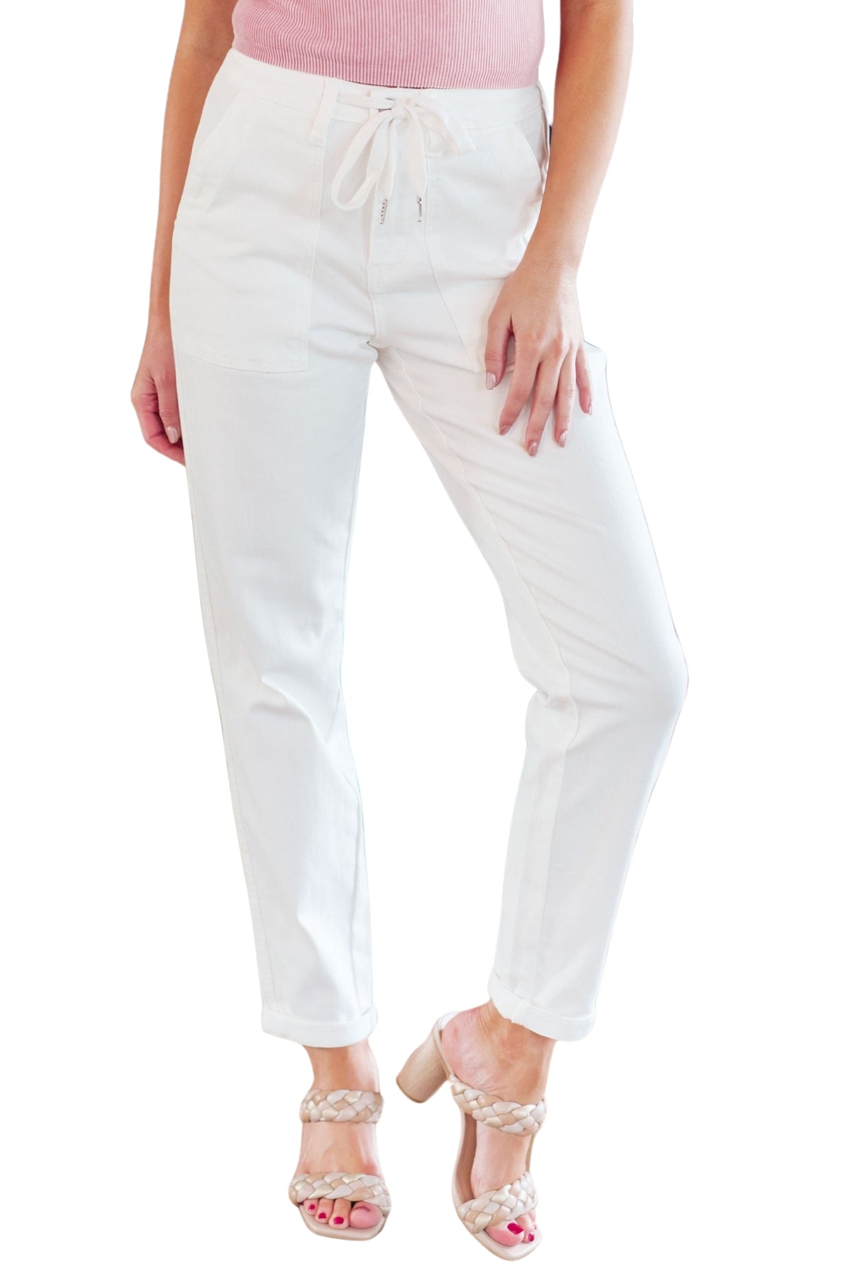 Judy Blue Charlene High Rise Jogger in Ecru White Front View