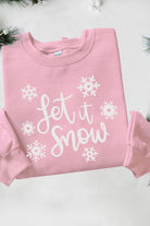 Let it Snow white lettering and snowflakes on pink Gildan pullover crewneck sweatshirt