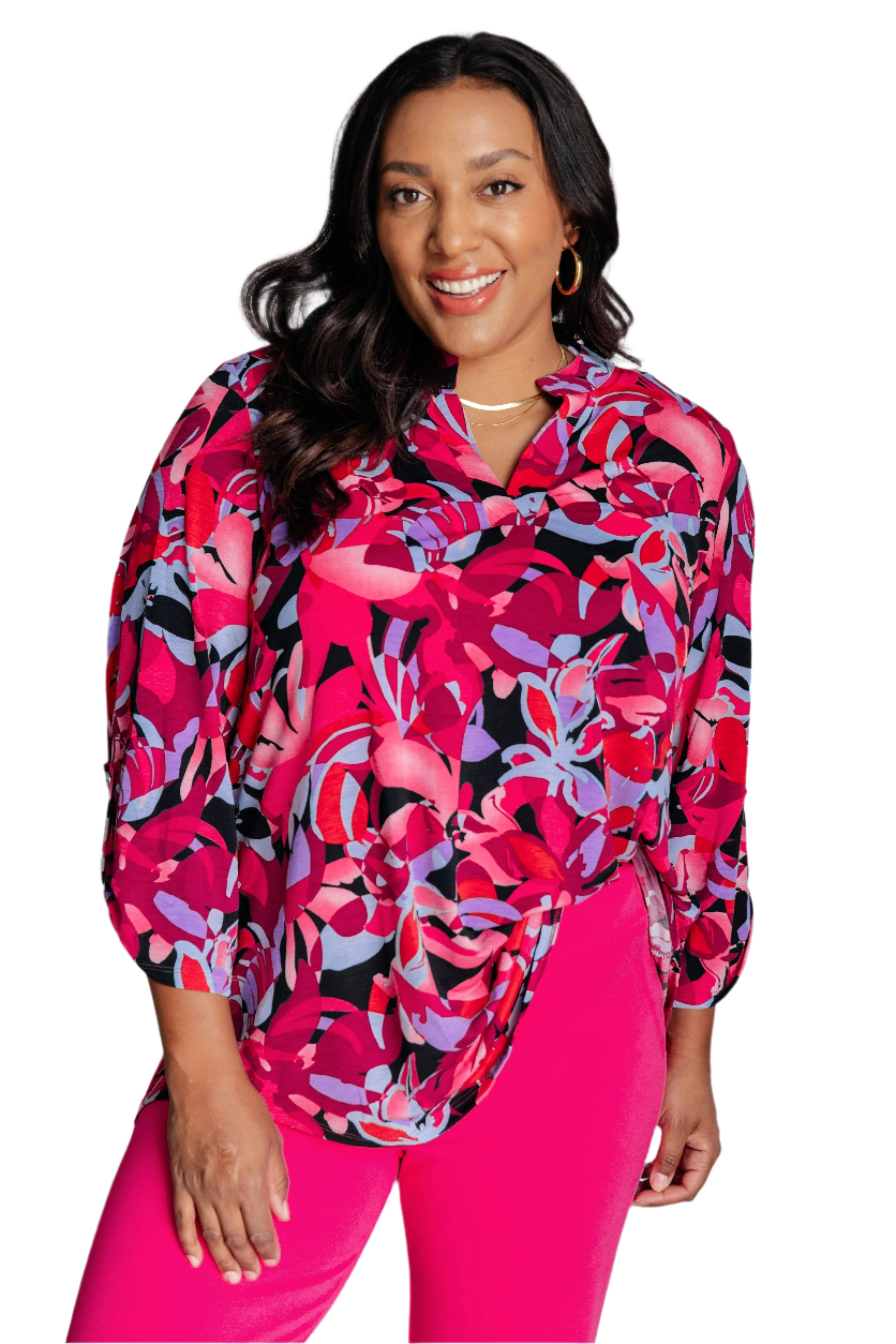 Dear Scarlett Lizzy Top in Black and Magenta Multi-floral