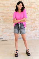 Pink V-Neck Ribbed Top style with button fly Judy Blue shorts