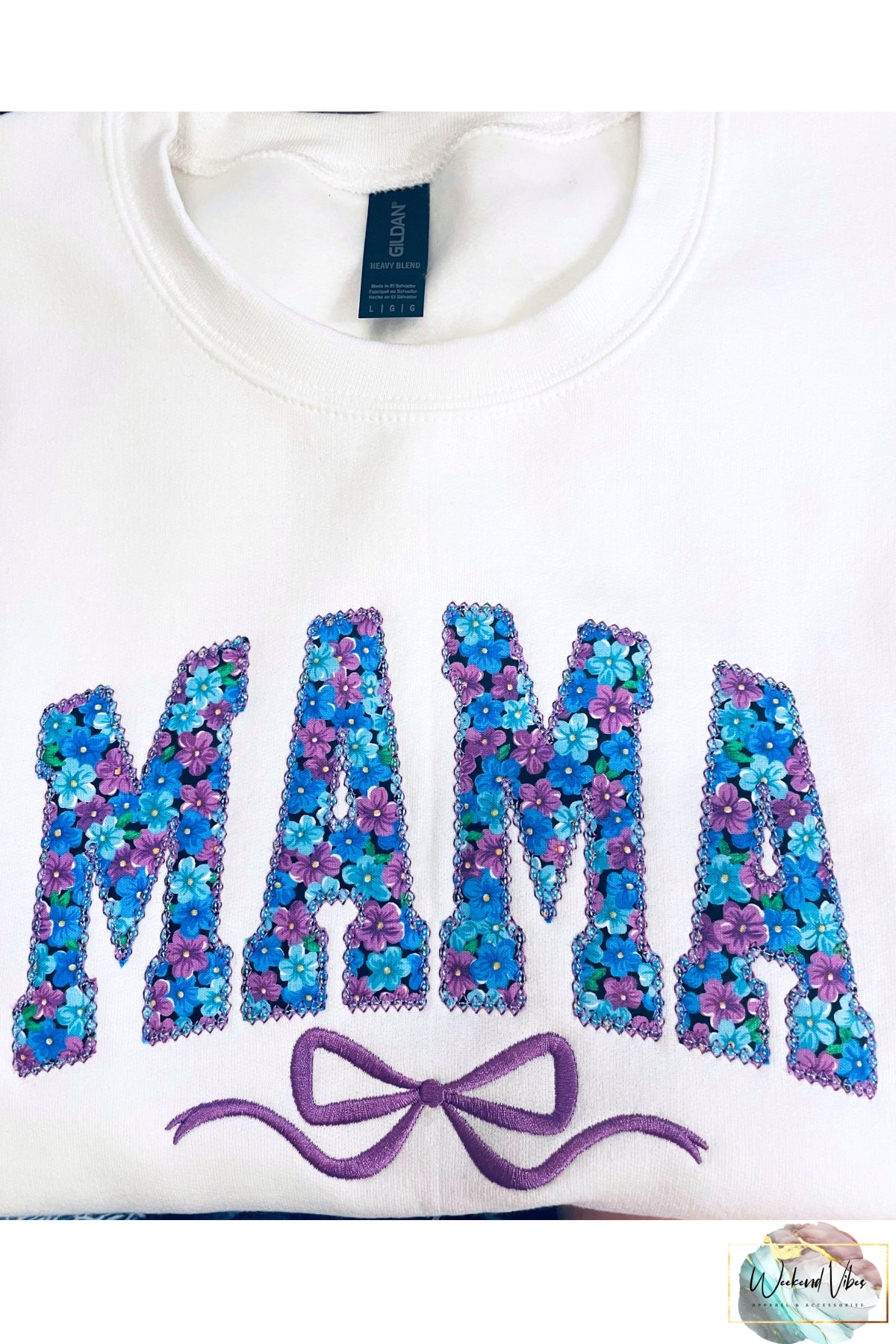 Custom MAMA Sweatshirt with bow- Embroidered Applique with purple and blue Floral fabric