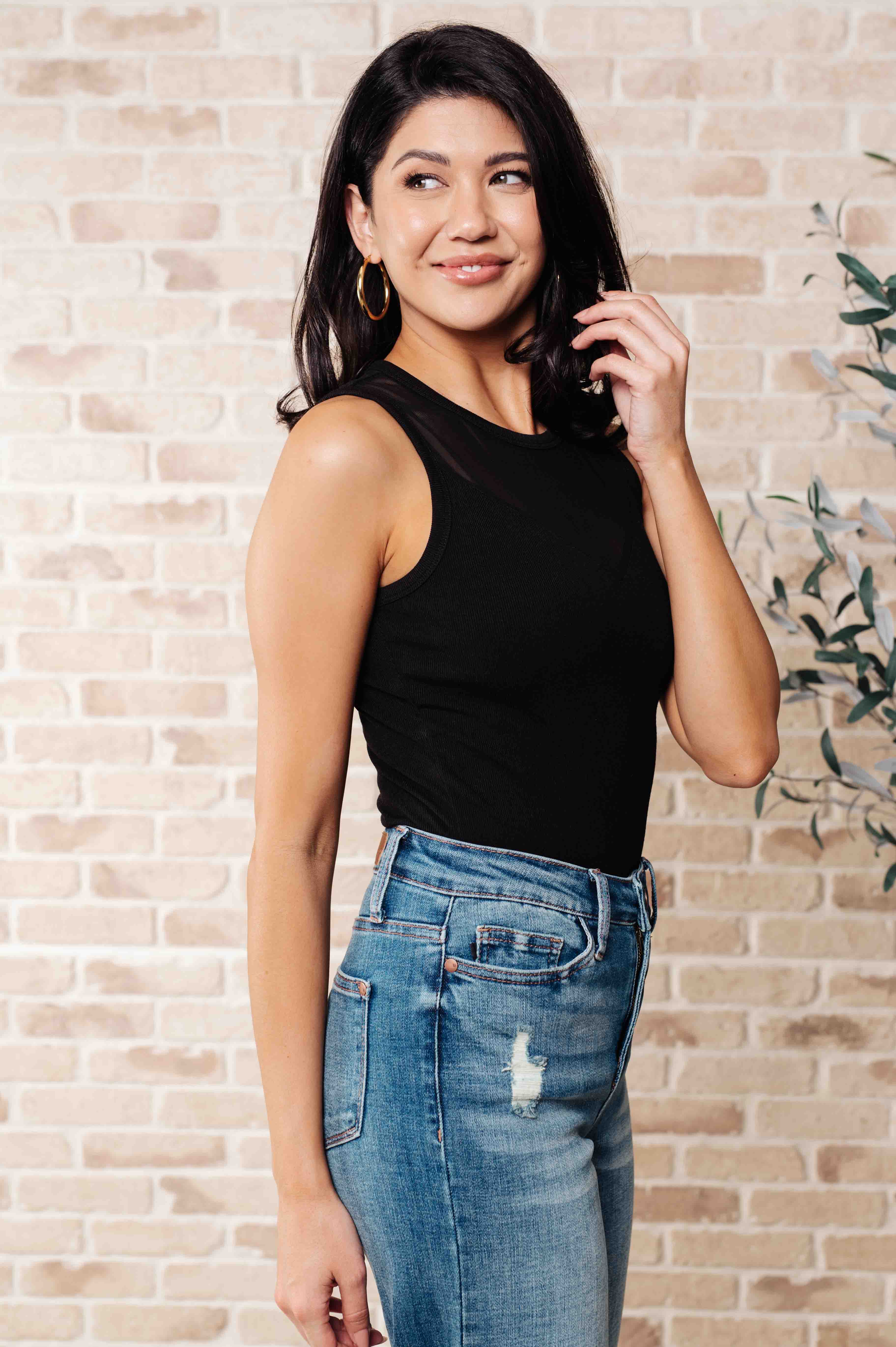 Miss You Much Sleeveless Black Mesh V-Neck Bodysuit Sabrina wearing Small