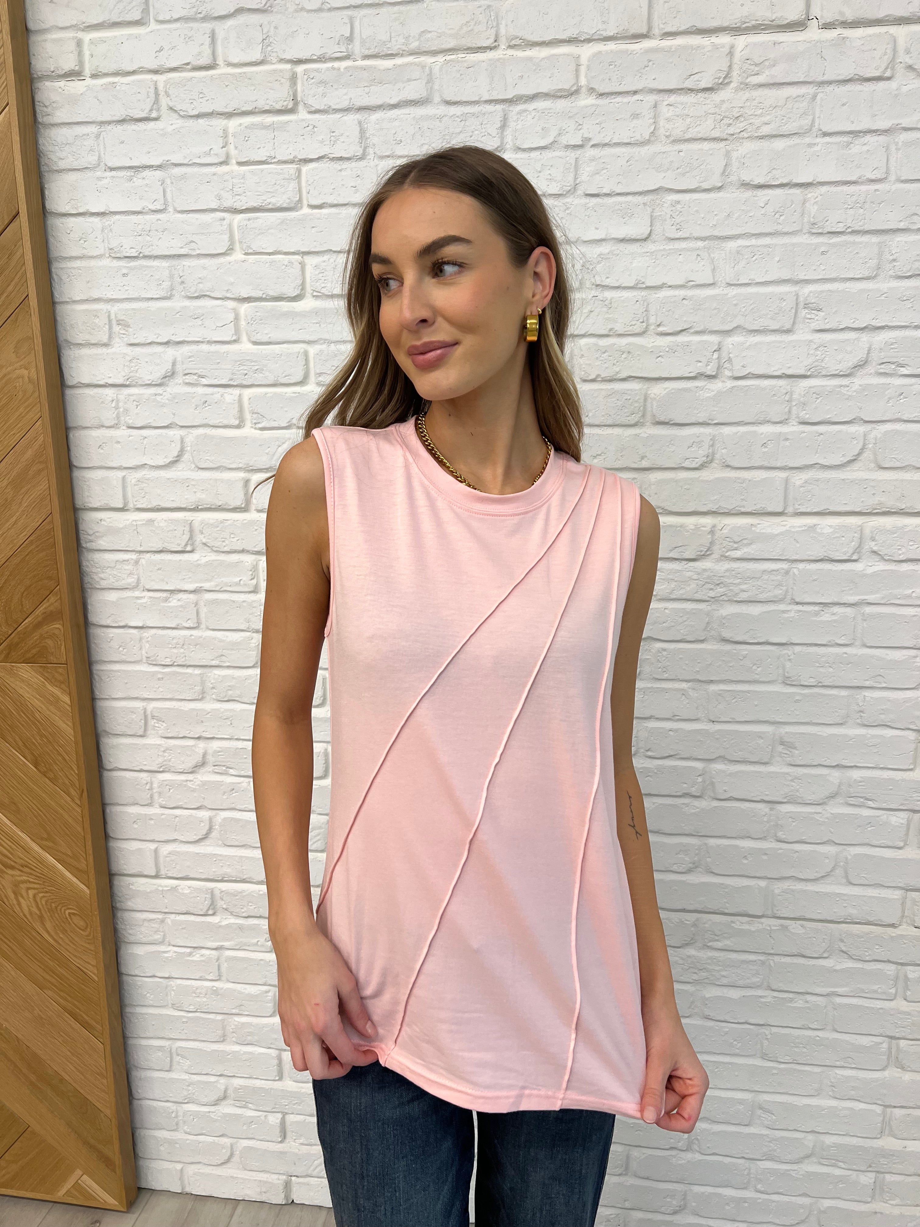 Pink Sleeveless Top with diagonal pleats 