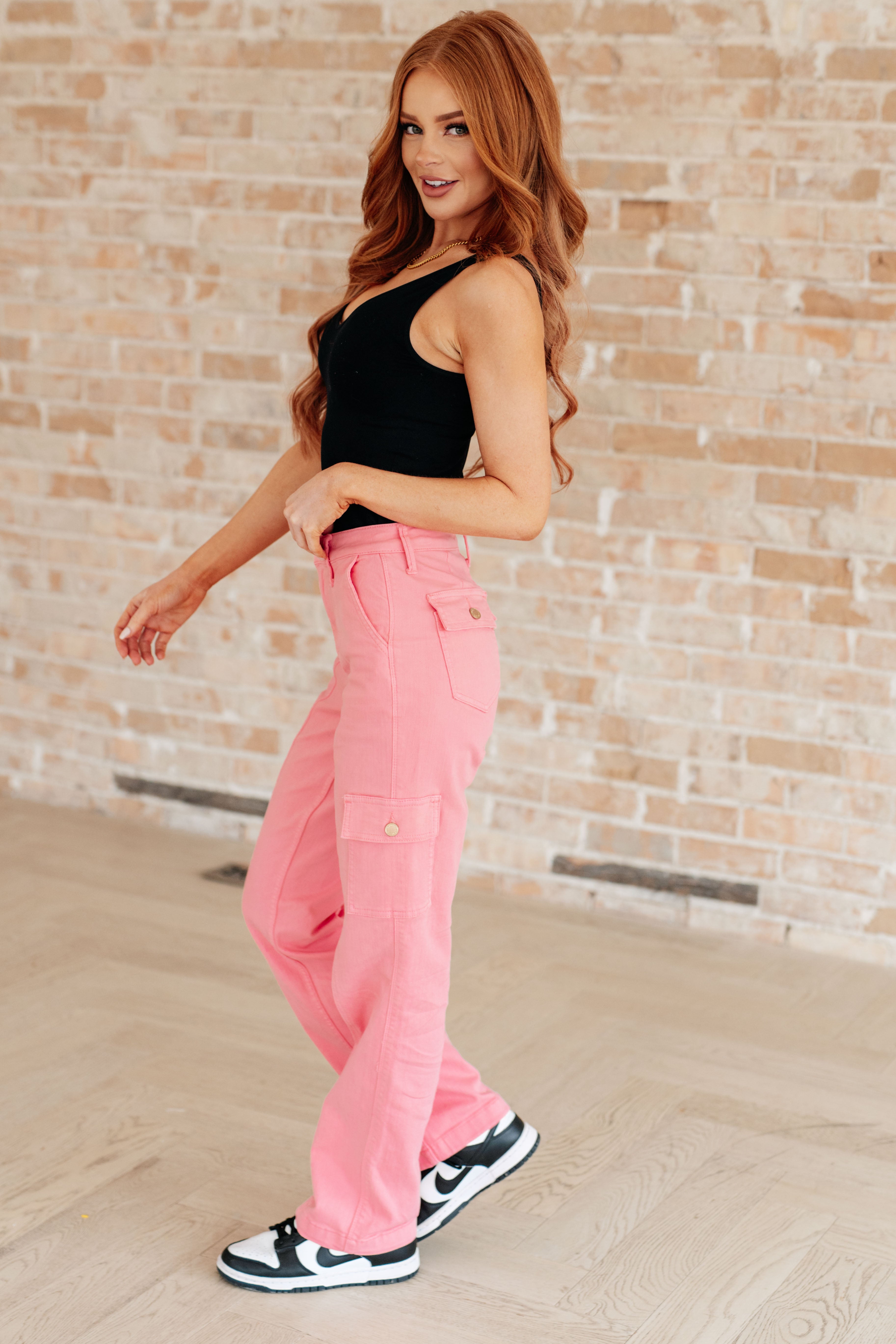 Judy Blue Peggy High Rise Cargo Straight Jeans in Pink