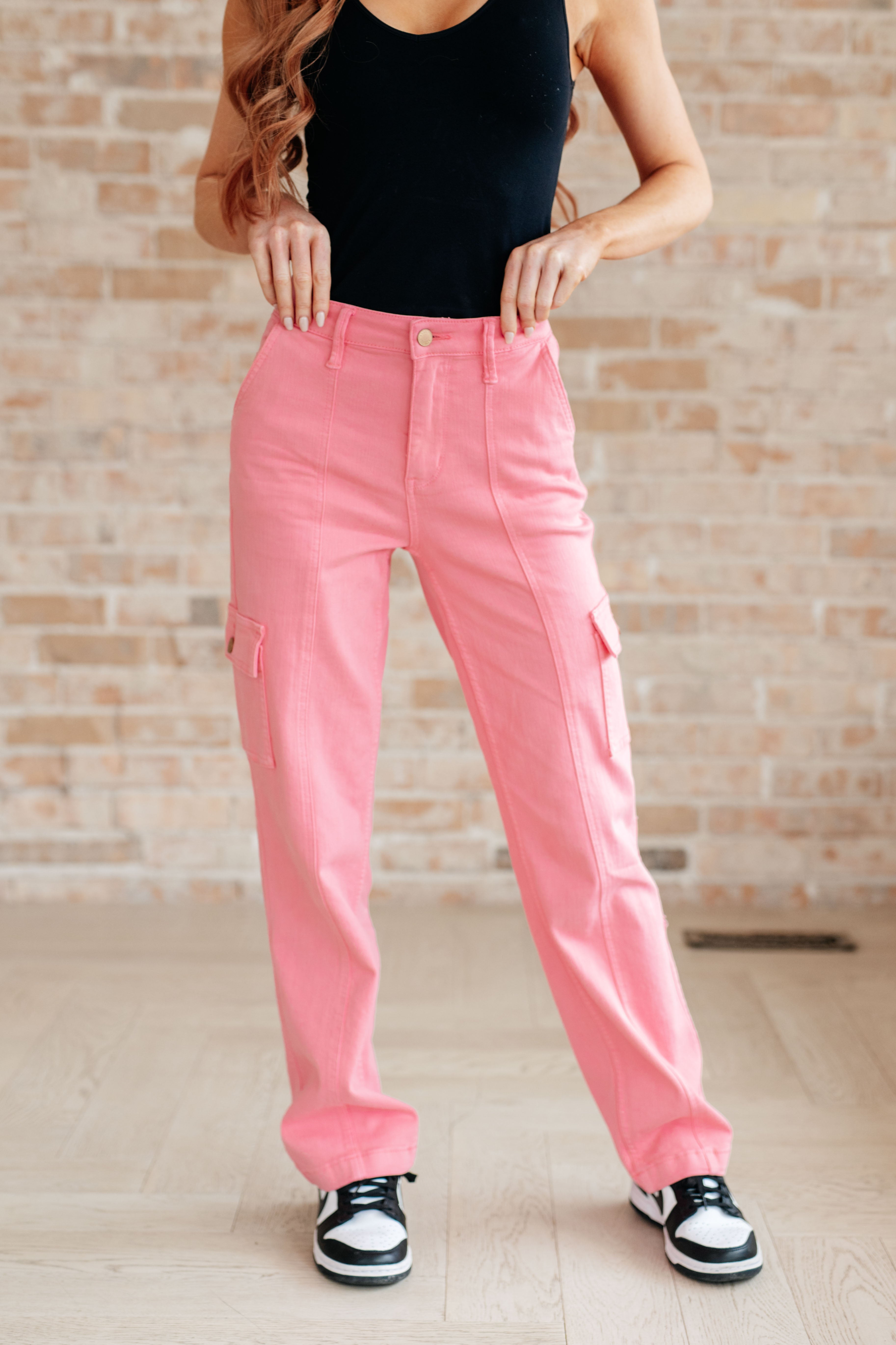 Judy Blue Peggy High Rise Cargo Straight Jeans in Pink 1