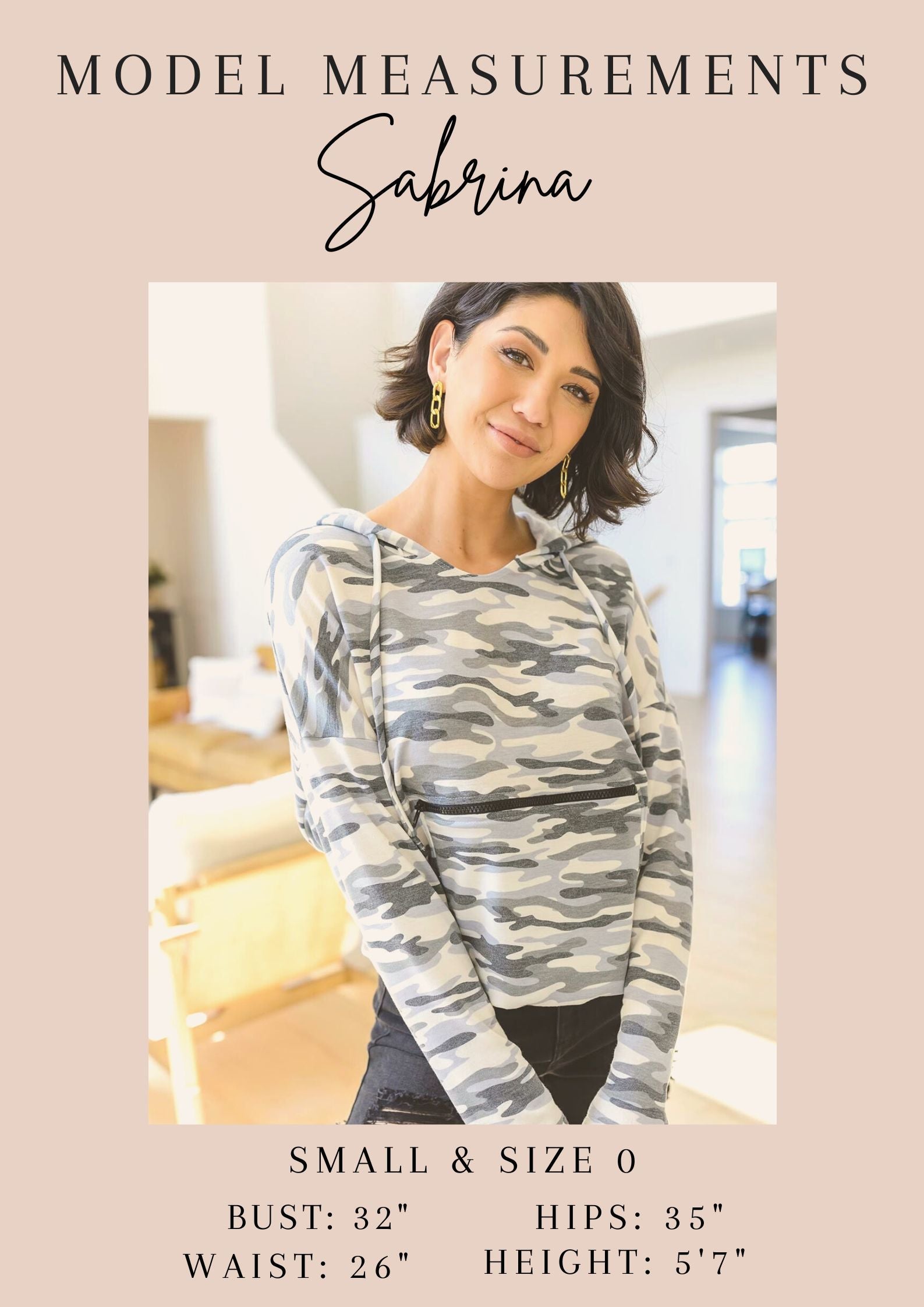 Woman wearing a camouflage long-sleeve top with model measurements displayed.
