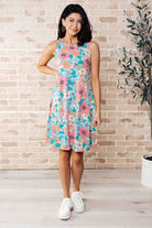 Summer Garden Sleeveless Swing Dress in Teal, Pink & Orange