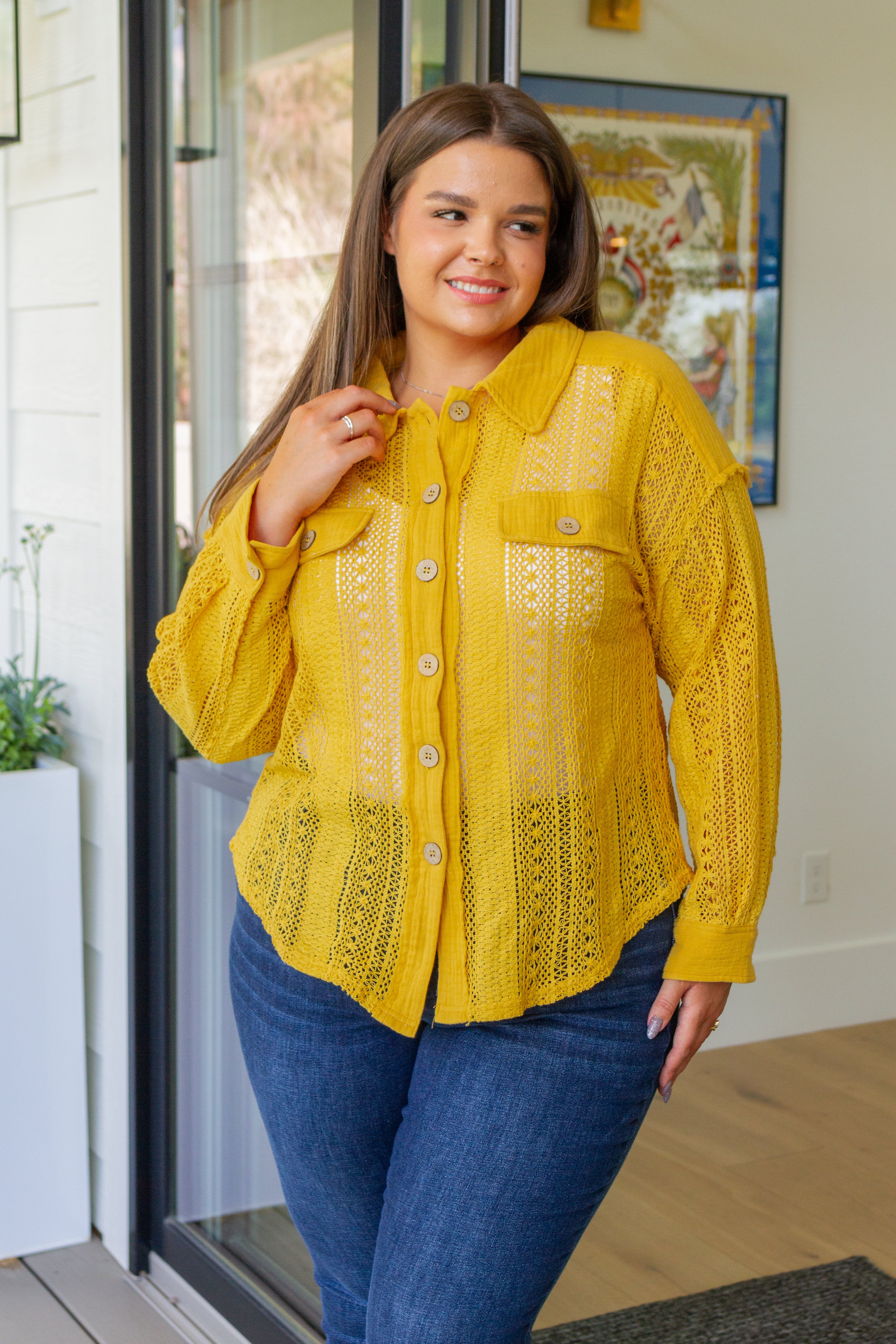 Sweeter Than Honey Lace Long Sleeve Top in Yellow Honey Color on model Kendall