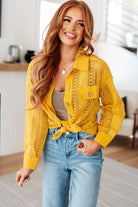 Sarah in size small wearing Sweeter Than Nectar Lace Button Down Top in Honey Yellow