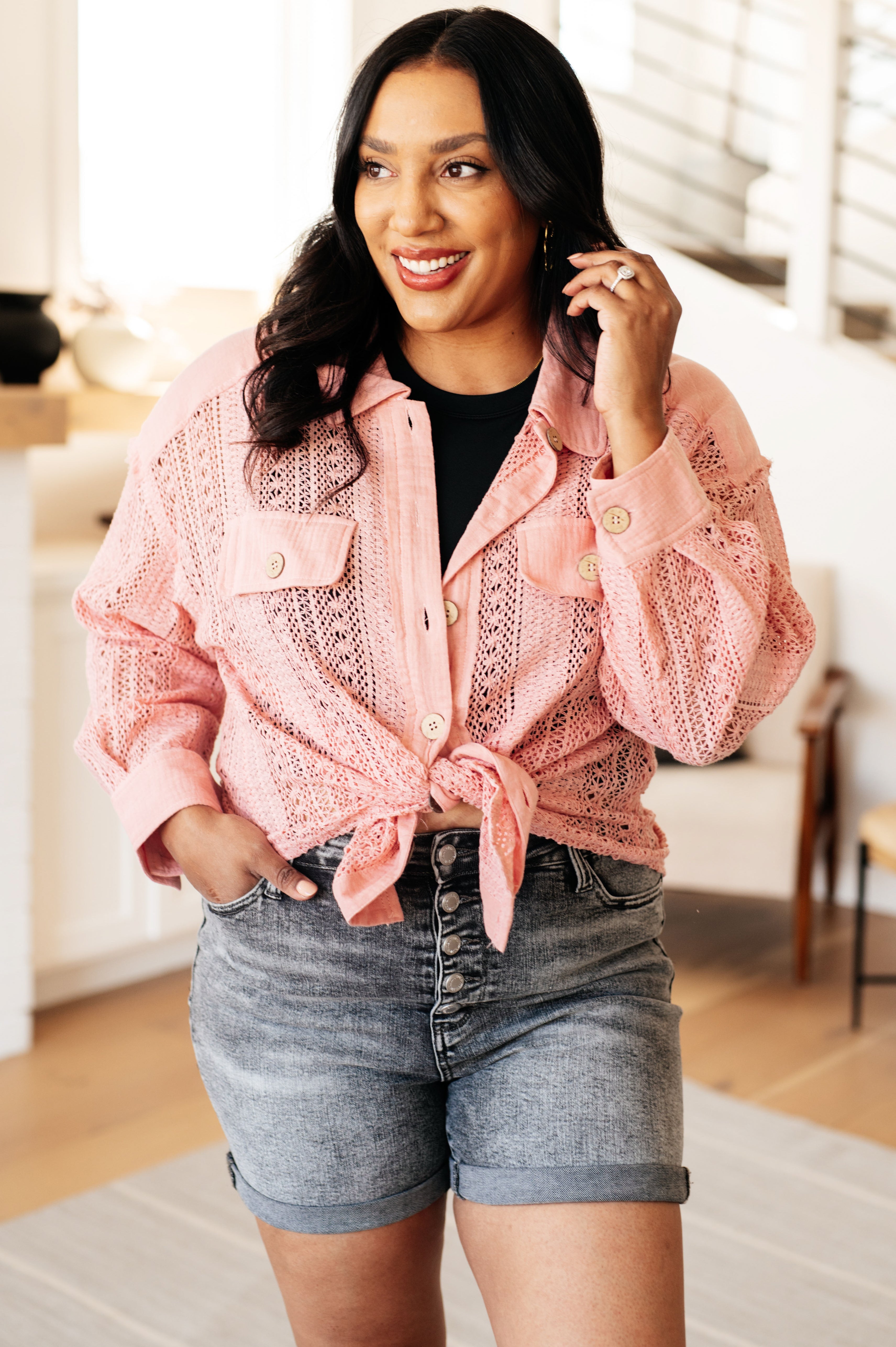 Sweeter Than Nectar Lace Button Up in Rose Pink on Krychele