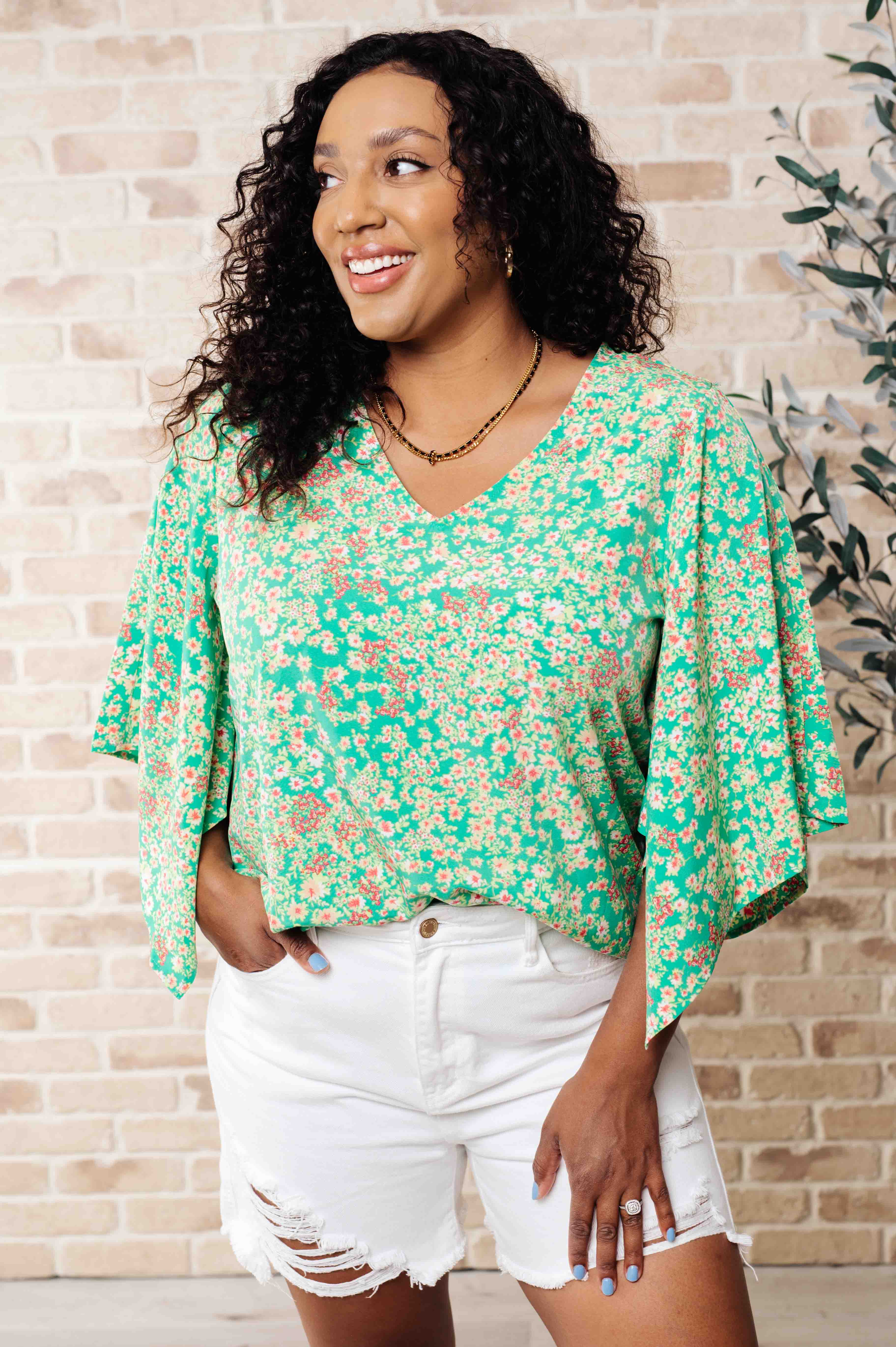The Future Is Open Wide V Neck Blouse with Batwing Sleeves