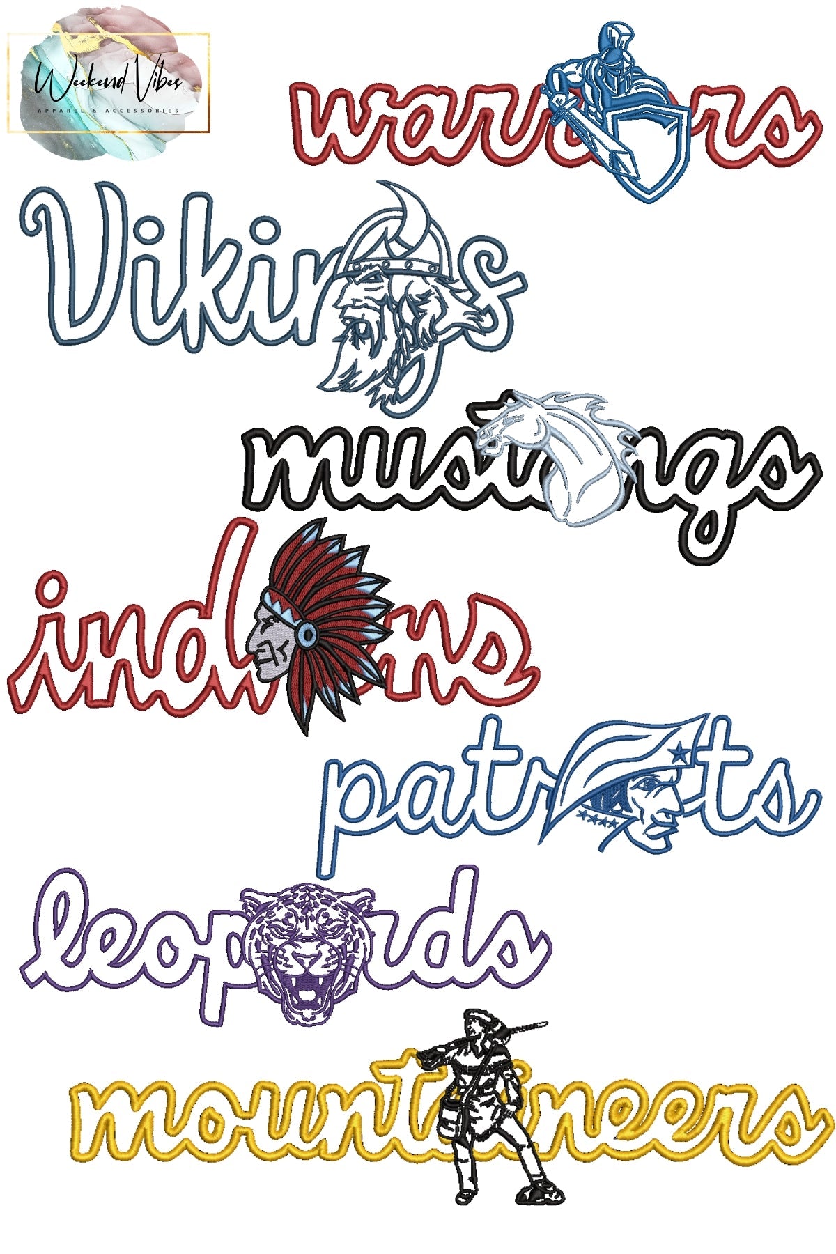 Customizable embroidered sports mascot designs available. Image shows a collection of sports team logos with names on a white background. Choose your embroidery thread colors.