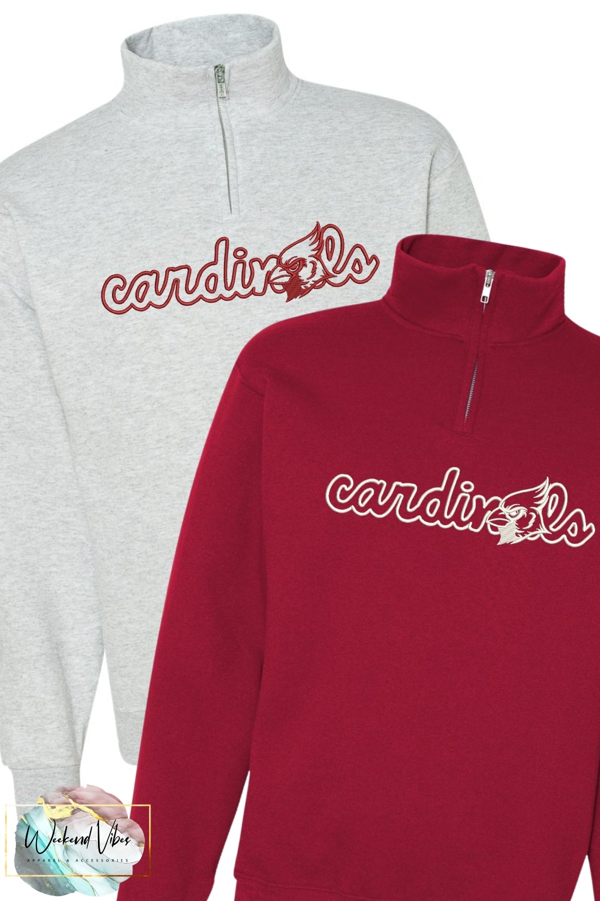 Embroidered cardinal sweatshirt. Ash gray 1/4 zip sweatshirt with the image of a cardinal bird over the word "cardinals." Red 1/4 zip sweatshirt with the image of a cardinal bird over the word "cardinals." 
