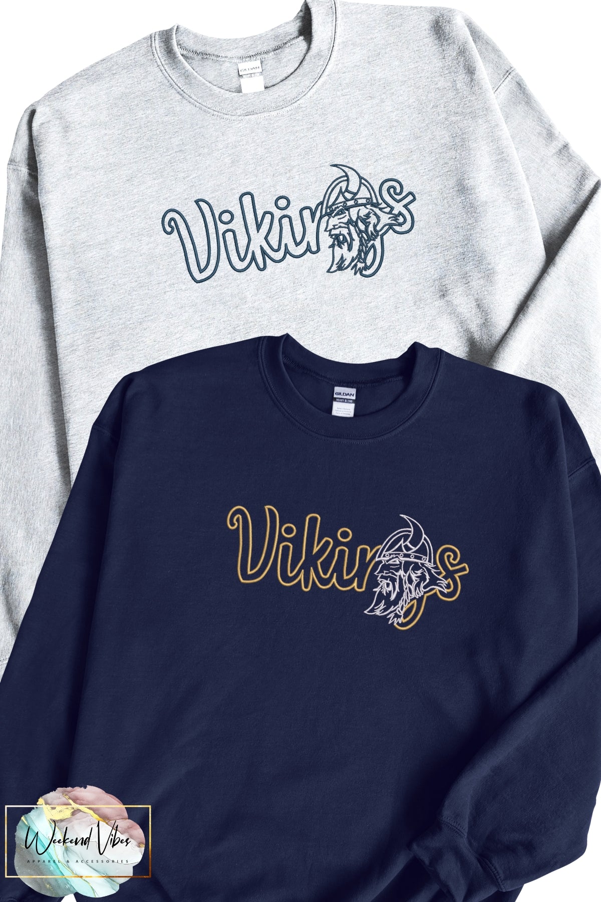 An ash gray and a navy blue crewneck sweatshirt with embroidered Vikings  design on chest