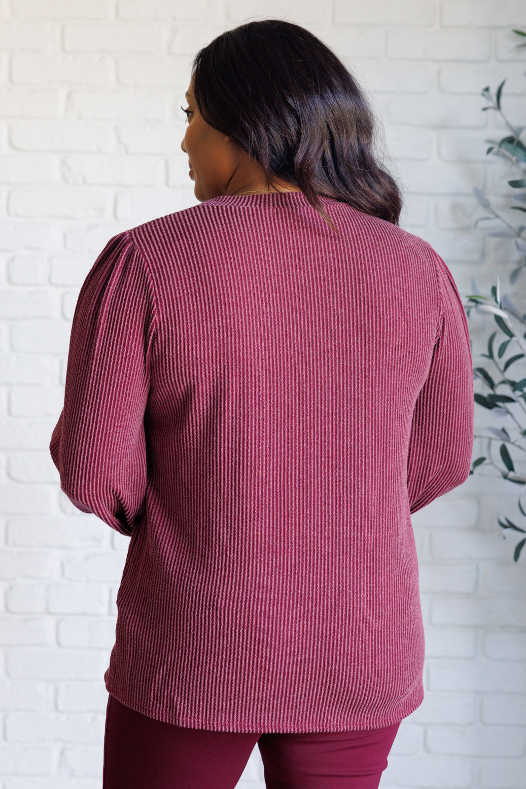 When the Sun Goes Down Mineral Wash Ribbed Knit Top in Wine back view