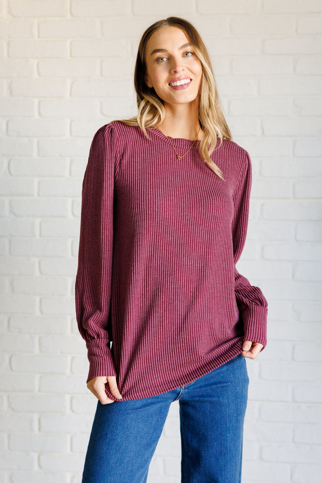 When the Sun Goes Down Mineral Wash Ribbed Knit Top in Wine on Casey untucked