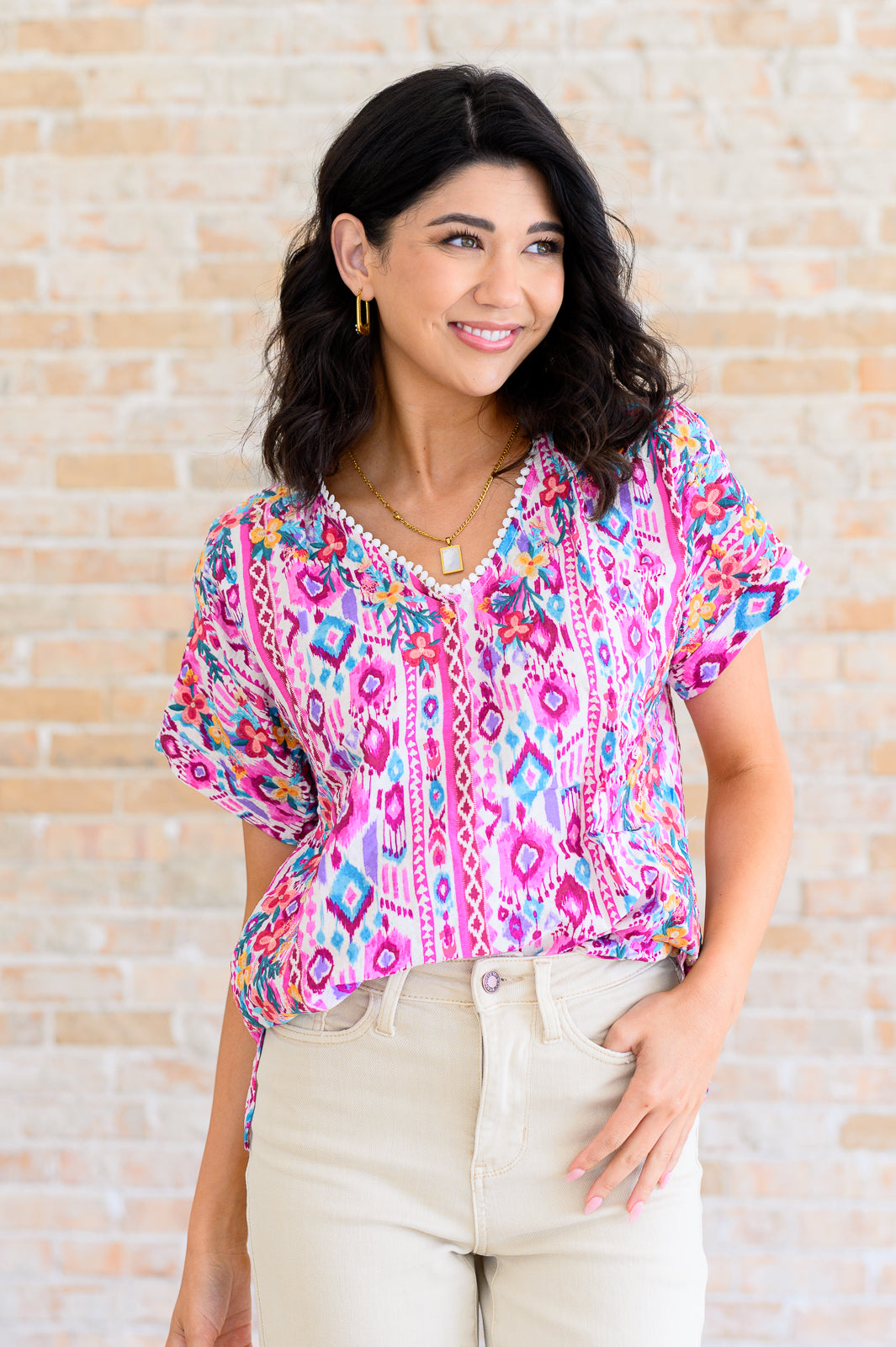 Yours Truly, V-Neck Top in Magenta by Savanna Jane tucked in