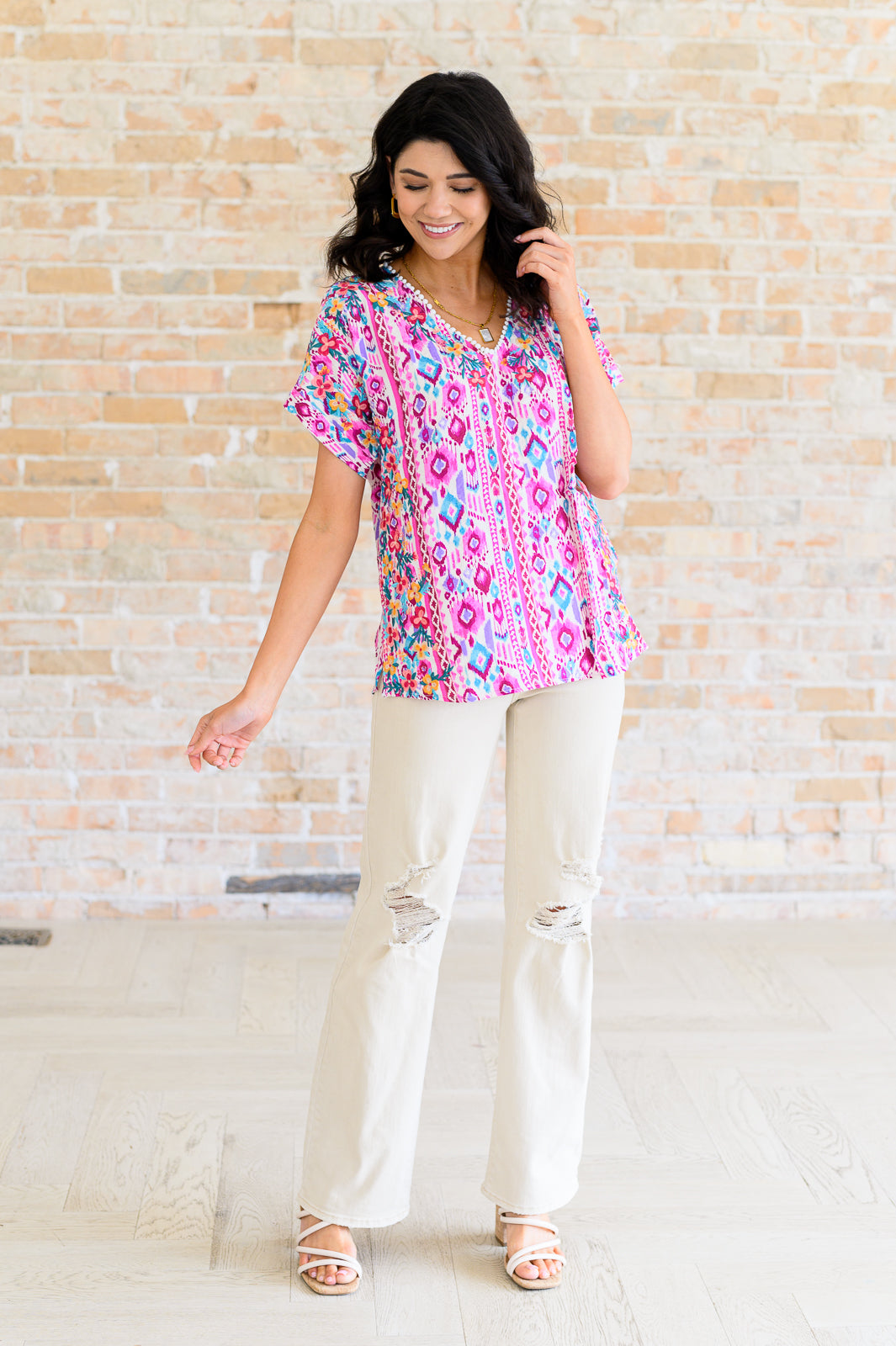 Yours Truly, V-Neck Top in Magenta by Savanna Jane styled with cream Judy Blue jeans