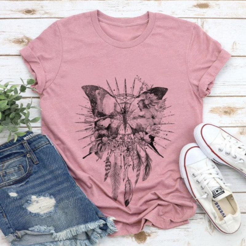 Butterfly Dreamcatcher Graphic Tee Shirt in Mauve (flat lay front)