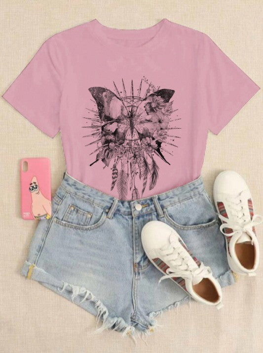 Butterfly Dreamcatcher Graphic Tee Shirt in Mauve (flat outfit suggestion)