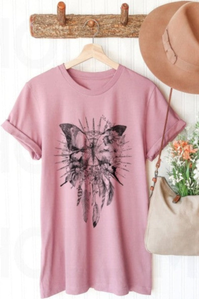 Butterfly Dreamcatcher Graphic Tee Shirt in Mauve (front hanging)
