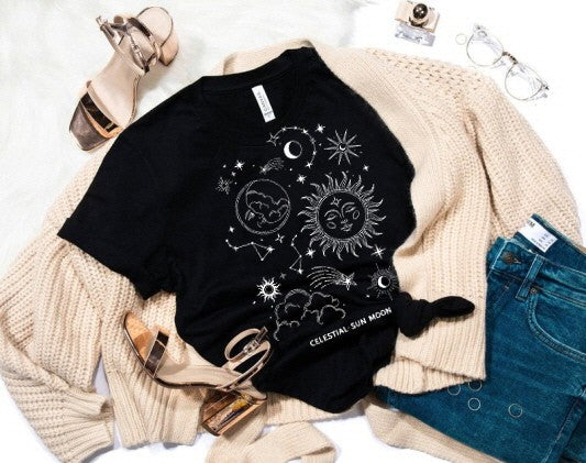 Women's Boho Graphic Tee with Celestial Sun and Moon (paired with outerwear)