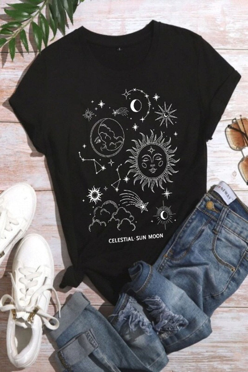 Women's Boho Graphic Tee with Celestial Sun and Moon (paired with denim)