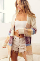 Color Block Fuzzy Eyelash Cardigan Sweater (Open V-neckline)
