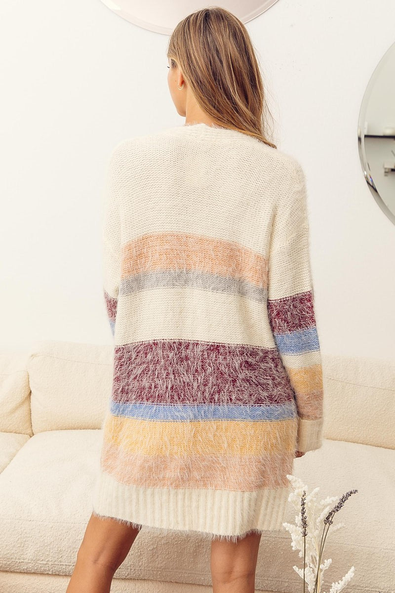 Color Block Fuzzy Eyelash Cardigan Sweater (back color block)