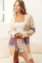 Color Block Fuzzy Eyelash Cardigan Sweater (full view front)