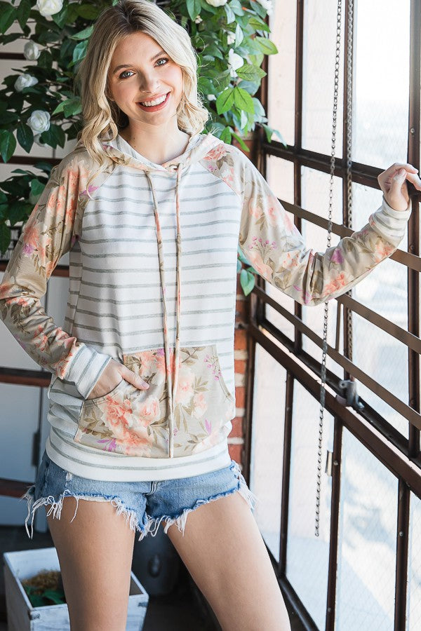 Emily Mixed Media Women's Drawstring Hoodie (front pocket)