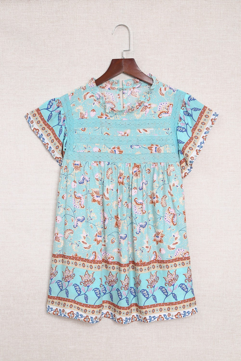 Boho Floral Print Flutter Sleeve Top in Aqua Aqua / Medium Boho Floral Print Flutter Sleeve Top in Aqua Aqua / Medium