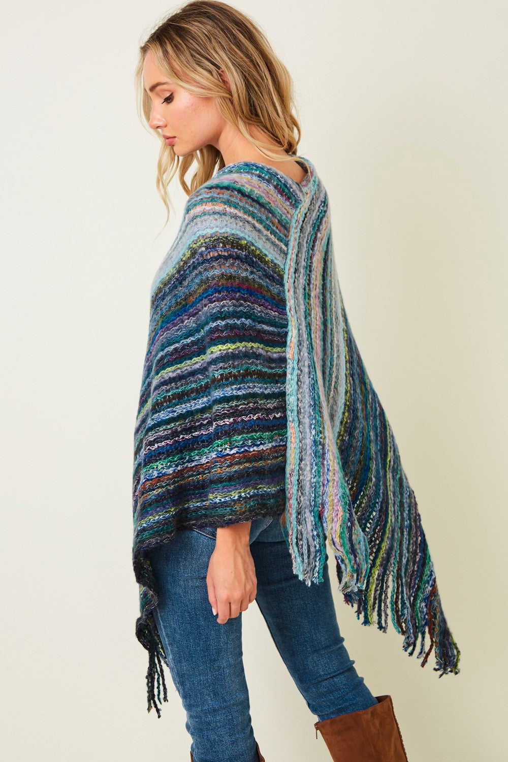 Multi Color Poncho Sweater with Fluffy Yarn (shoulder detail)
